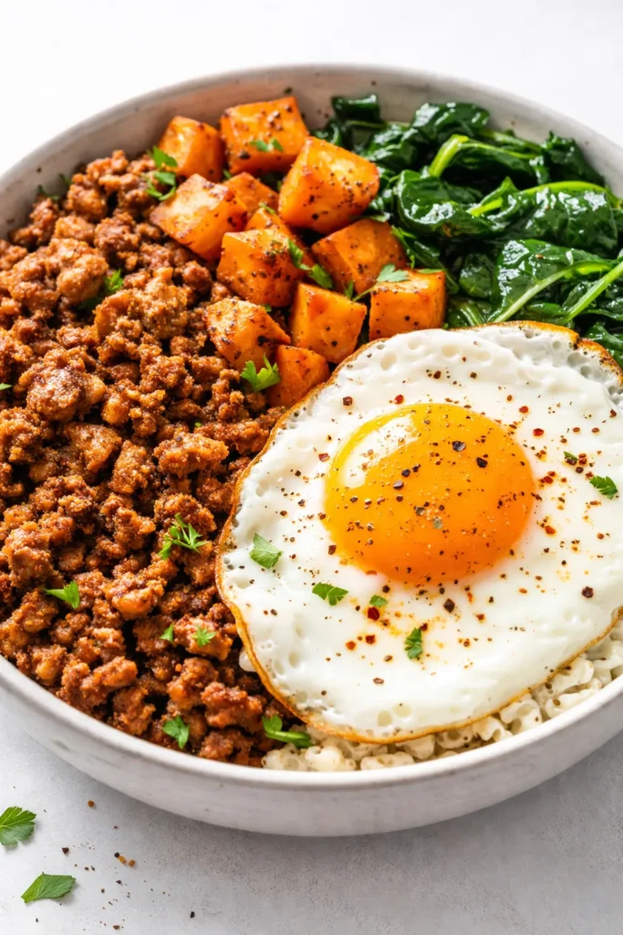 A hearty healthy turkey breakfast bowl loaded with scrambled eggs, diced turkey breast, creamy avocado, and juicy cherry tomatoes, topped with fresh cilantro for a colorful and nutritious start.