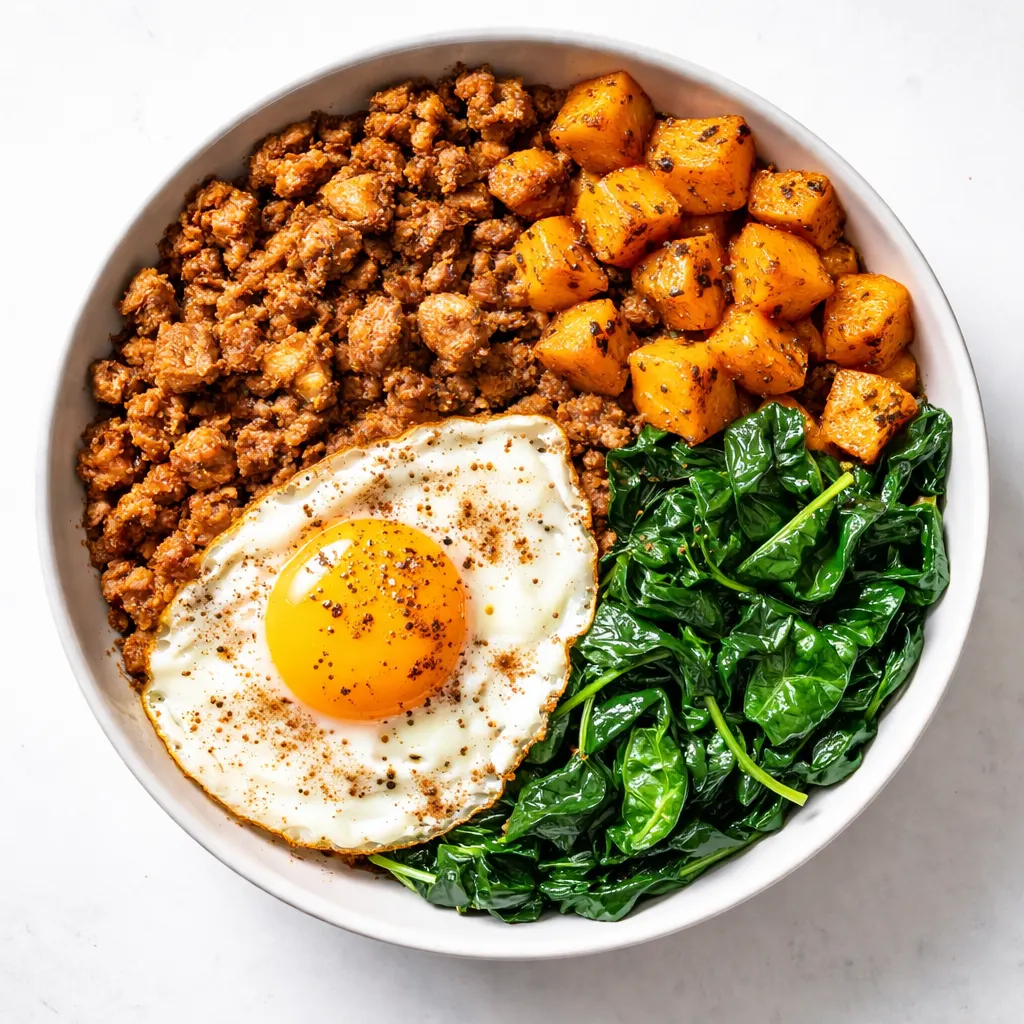 Healthy turkey breakfast bowl with scrambled eggs, diced turkey, avocado, and cherry tomatoes on a plate, vibrant colors and fresh ingredients
