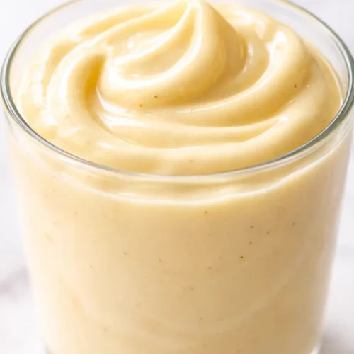 Creamy high protein banana pudding yogurt topped with sliced bananas and a sprinkle of cinnamon, thick and luscious texture.