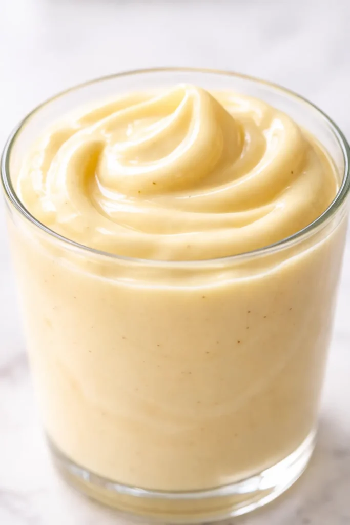 Creamy high protein banana pudding yogurt topped with sliced bananas and a sprinkle of cinnamon, thick and luscious texture.