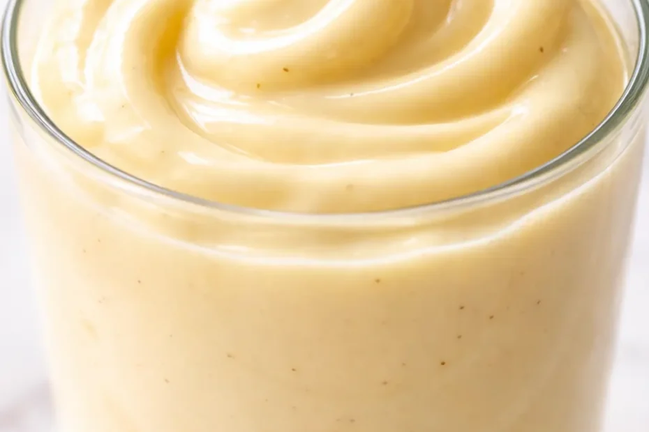 Creamy high protein banana pudding yogurt topped with sliced bananas and a sprinkle of cinnamon, thick and luscious texture.