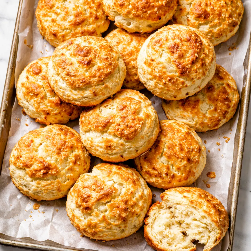 Fluffy golden high-protein cottage cheese breakfast biscuits on a baking sheet, lightly browned with a tender crumb.