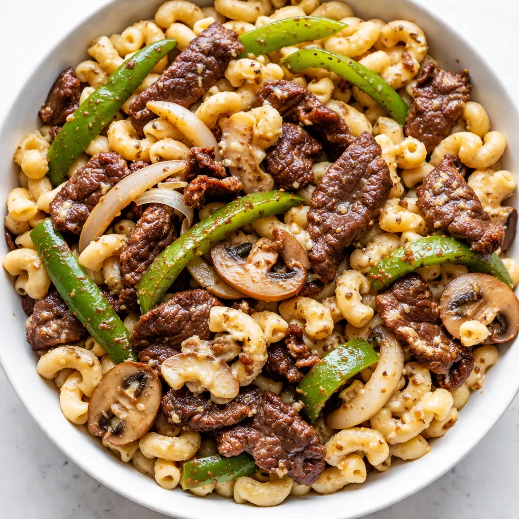 Shredded beef sizzling with onions and green peppers in a skillet for high-protein Philly cheesesteak mac, golden cheese sauce being stirred in