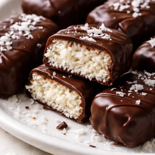 Dark chocolate coated homemade bounty bars with white coconut filling, cut to show layers, on a rustic wooden board