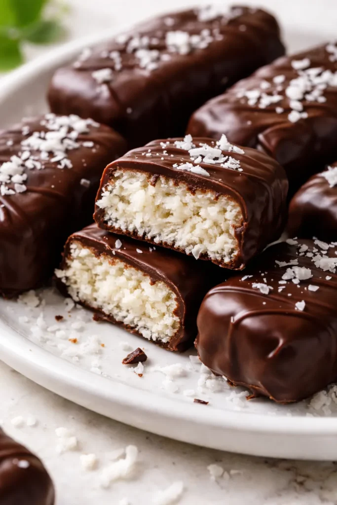 Dark chocolate coated homemade bounty bars with white coconut filling, cut to show layers, on a rustic wooden board