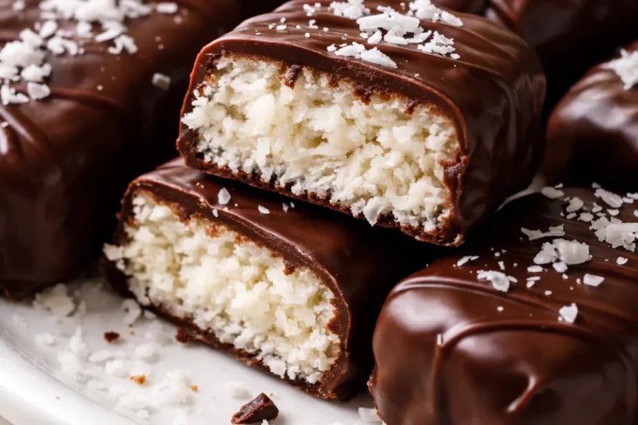 Dark chocolate coated homemade bounty bars with white coconut filling, cut to show layers, on a rustic wooden board