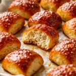 Golden brown homemade soft pretzel bites with coarse salt, soft and fluffy interior, served with cheese dipping sauce