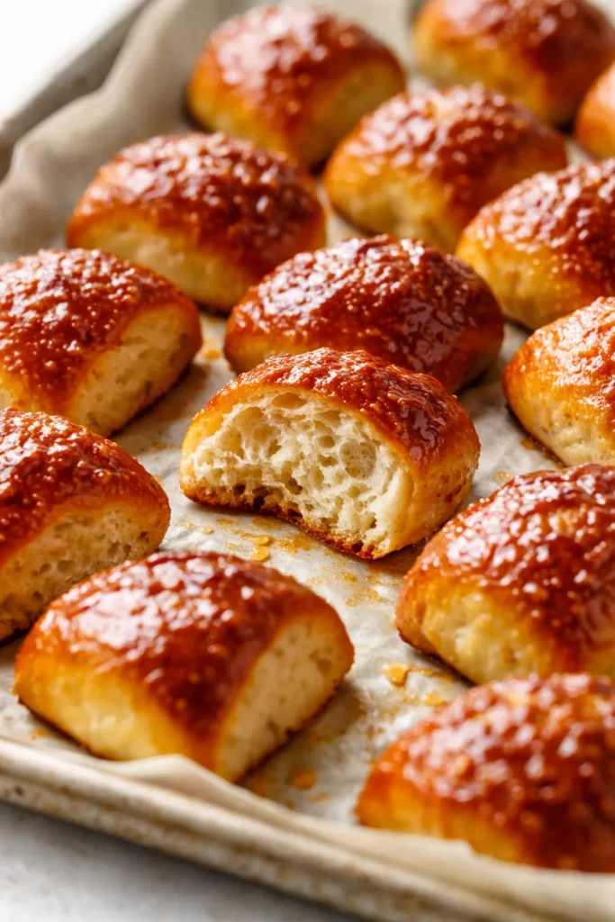 Golden brown homemade soft pretzel bites with coarse salt, soft and fluffy interior, served with cheese dipping sauce