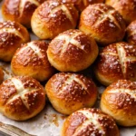 Golden brown homemade soft pretzel bites, soft and chewy, sprinkled with coarse salt, served with a warm cheese dipping sauce.