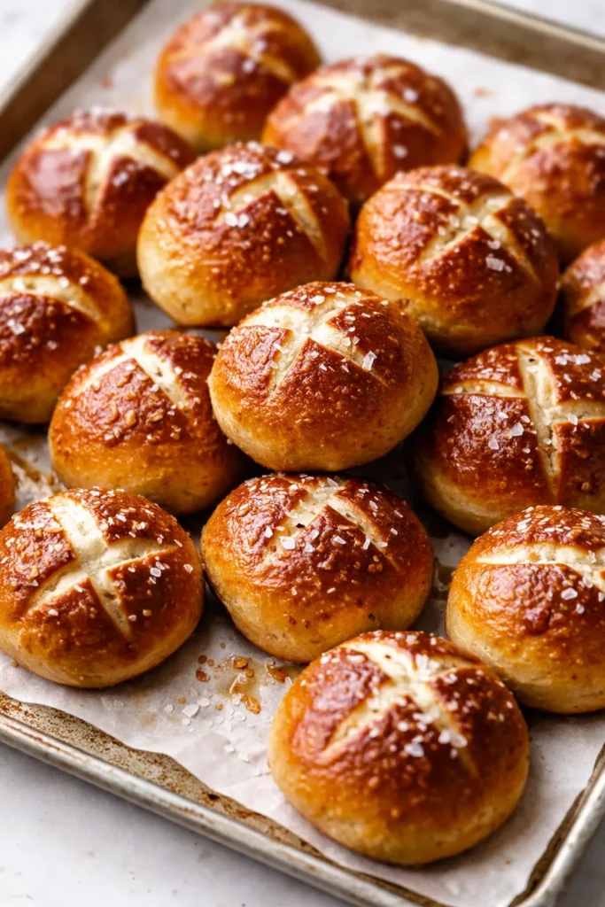 Golden brown homemade soft pretzel bites, soft and chewy, sprinkled with coarse salt, served with a warm cheese dipping sauce.