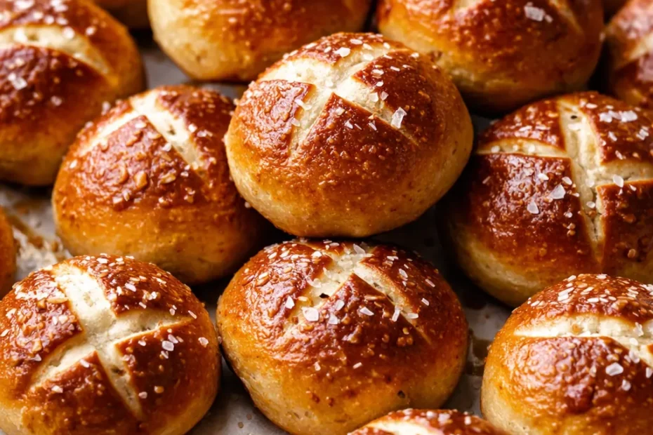 Golden brown homemade soft pretzel bites, soft and chewy, sprinkled with coarse salt, served with a warm cheese dipping sauce.
