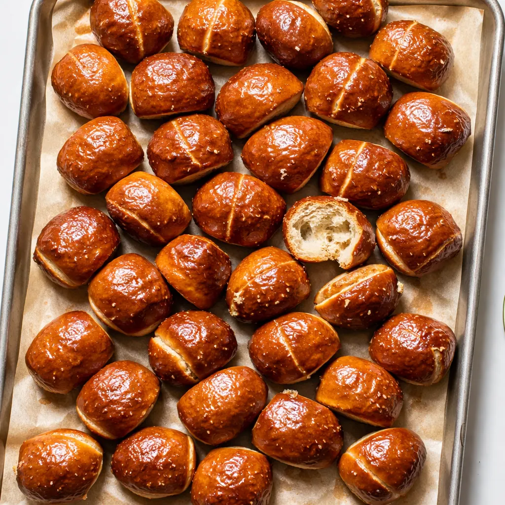 Soft pretzel bite dough cut into small pieces on a floured surface, golden brown with a hint of sea salt, promising an airy texture.