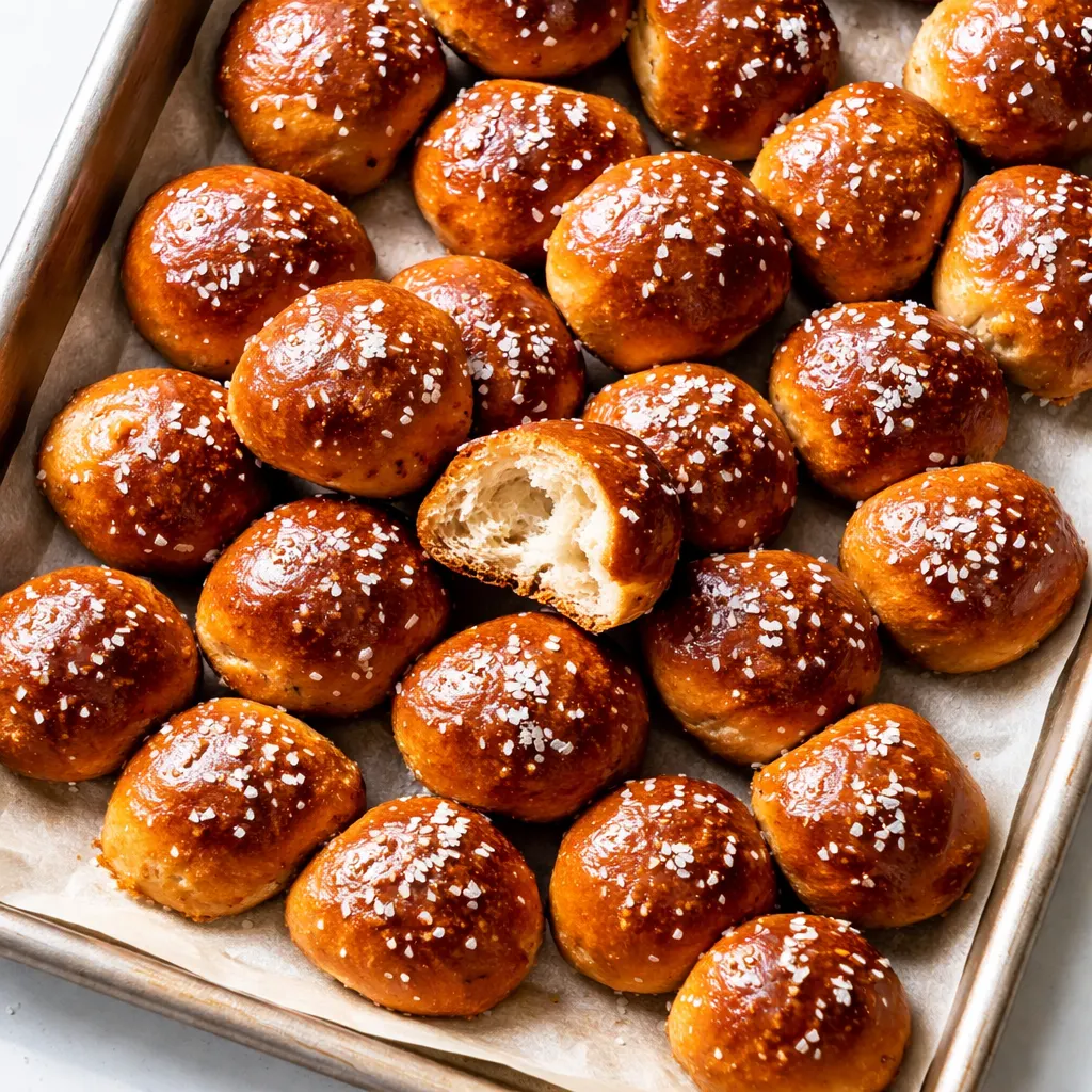 Soft dough pieces shaped into small balls for homemade soft pretzel bites, golden before baking.