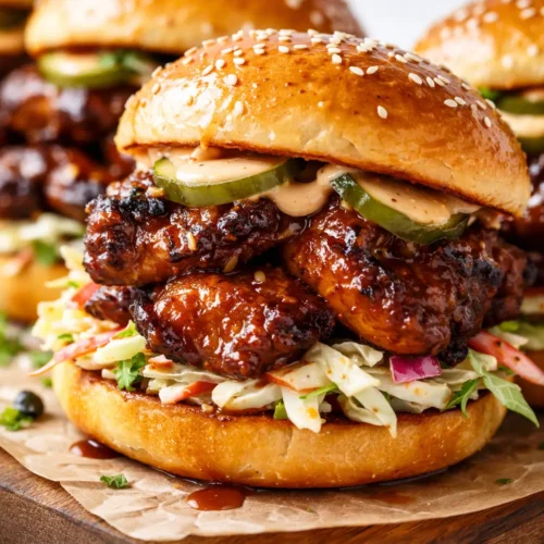Glazed honey chipotle garlic chicken sliders on toasted buns with a sticky, caramelized finish and fresh cilantro garnish.