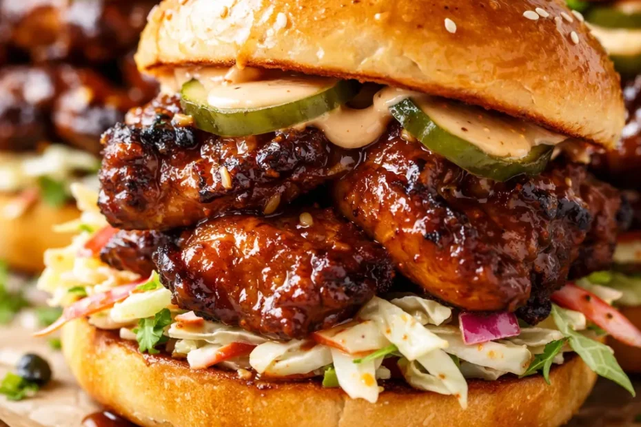Glazed honey chipotle garlic chicken sliders on toasted buns with a sticky, caramelized finish and fresh cilantro garnish.