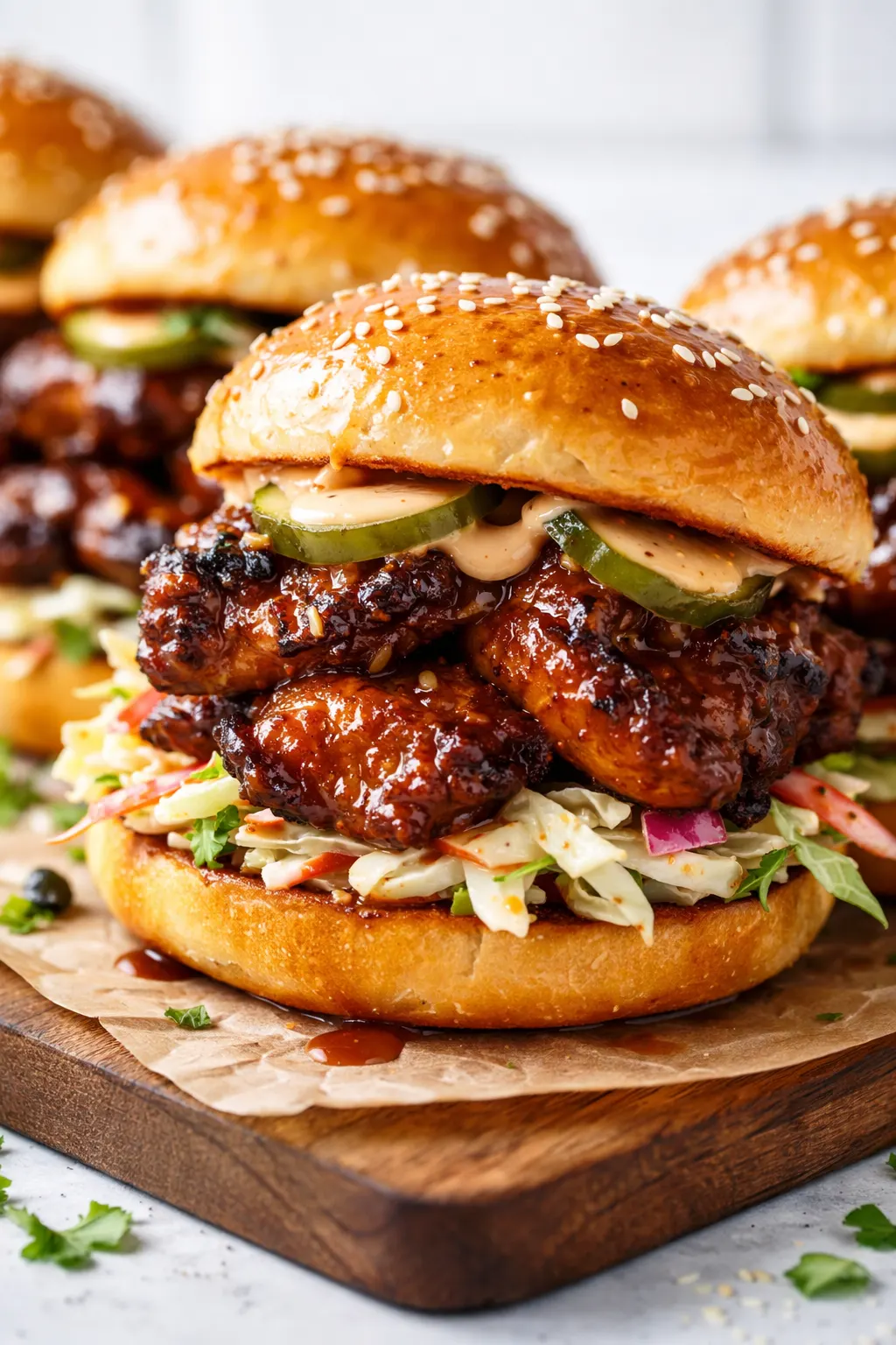 Glazed honey chipotle garlic chicken sliders on toasted buns with a sticky, caramelized finish and fresh cilantro garnish.