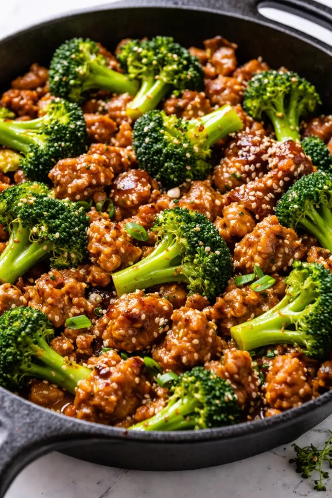 Juicy honey garlic ground turkey in a skillet with a glossy, sticky sauce, garnished with sliced green onions and sesame seeds.