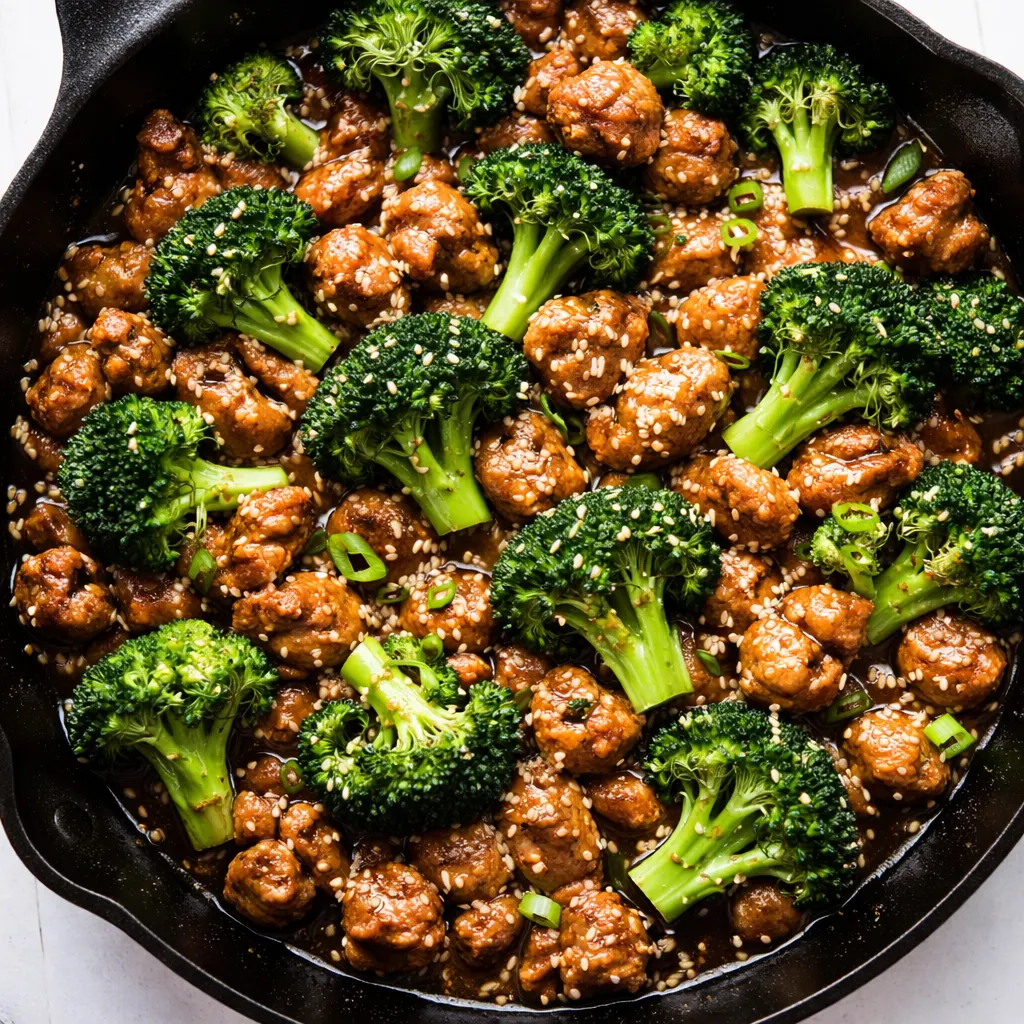 Ground turkey browning in a skillet with honey garlic sauce, golden and glistening with a juicy texture.