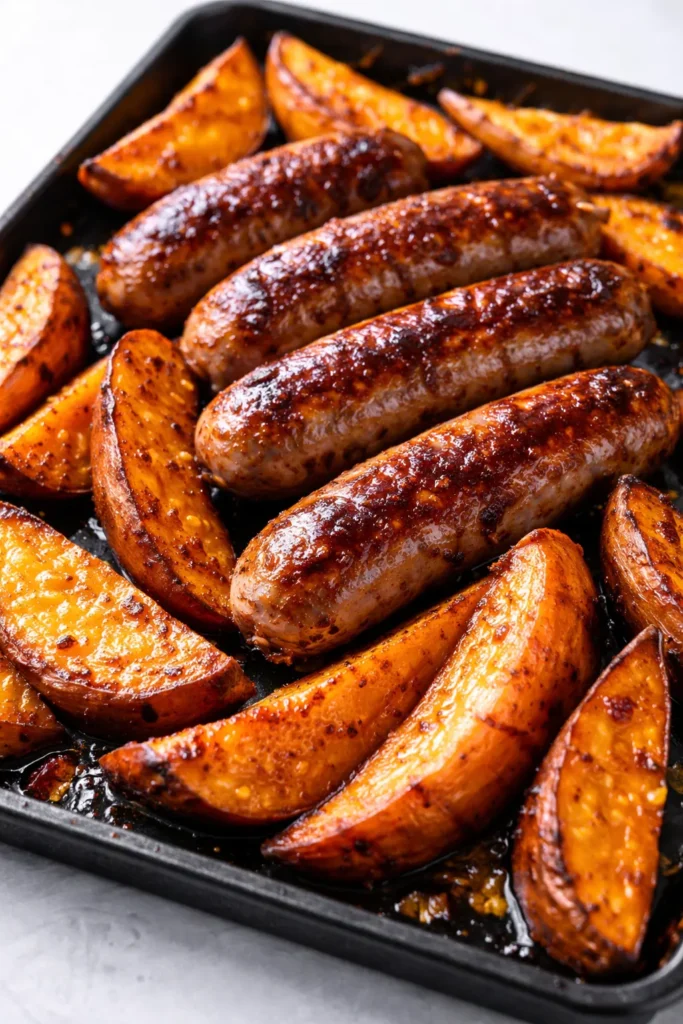 Golden brown sausages and caramelized sweet potatoes on a sheet pan, glazed with honey garlic sauce, creating a crispy and savory dinner.