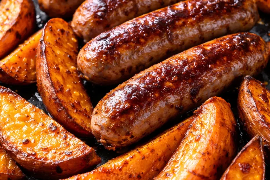 Golden brown sausages and caramelized sweet potatoes on a sheet pan, glazed with honey garlic sauce, creating a crispy and savory dinner.
