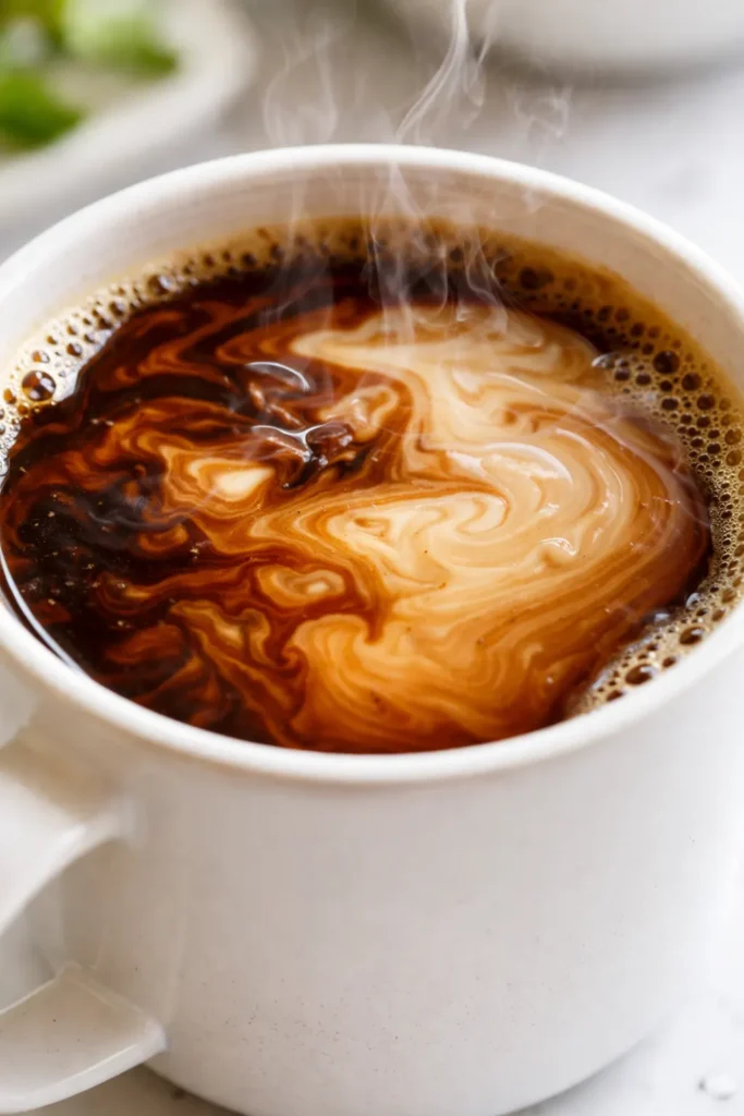 Iced brown sugar oatmilk shaken espresso in a clear glass, with rich caramel tones and creamy oat milk swirls over ice.