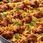 A hearty bowl of Italian sausage orzo one-pot meal with creamy orzo, golden-brown sausage slices, and fresh parsley garnish