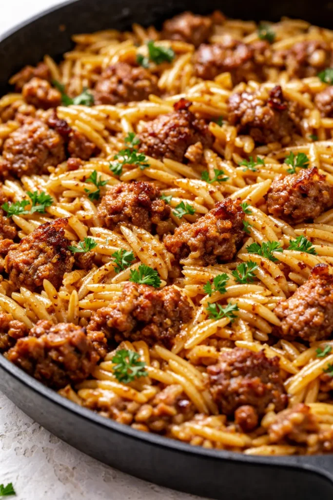 A hearty bowl of Italian sausage orzo one-pot meal with creamy orzo, golden-brown sausage slices, and fresh parsley garnish