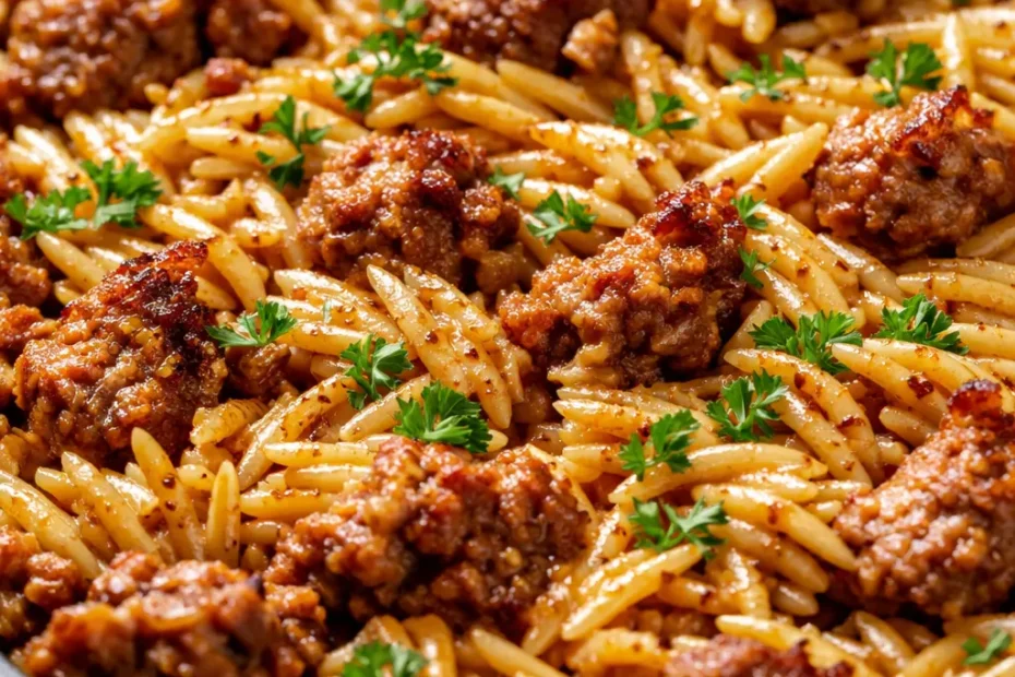 A hearty bowl of Italian sausage orzo one-pot meal with creamy orzo, golden-brown sausage slices, and fresh parsley garnish