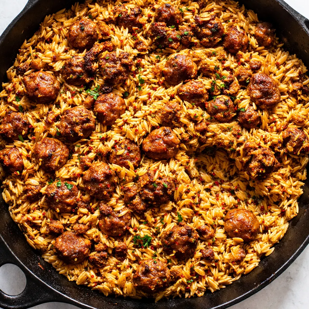 Italian sausage and orzo simmering in a creamy broth with spinach in a single pot, ready in 45 minutes.