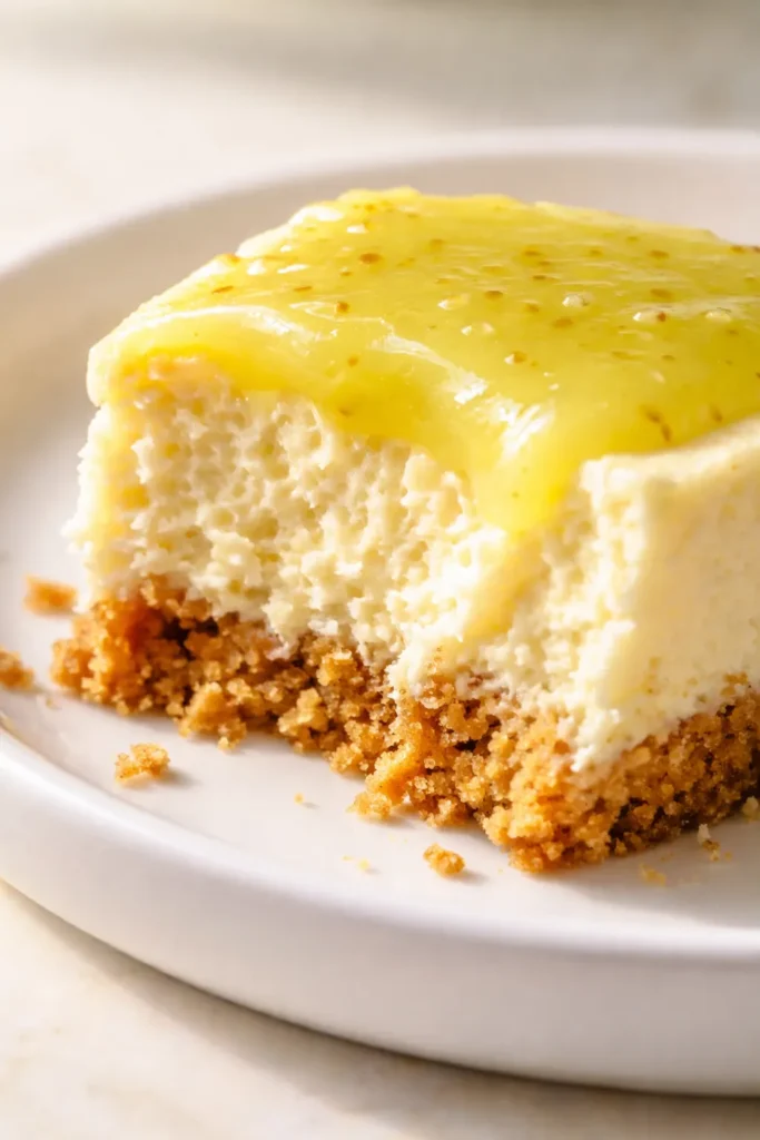 Smooth key lime cheesecake slice on a white plate showing creamy pale green filling and golden graham cracker crust