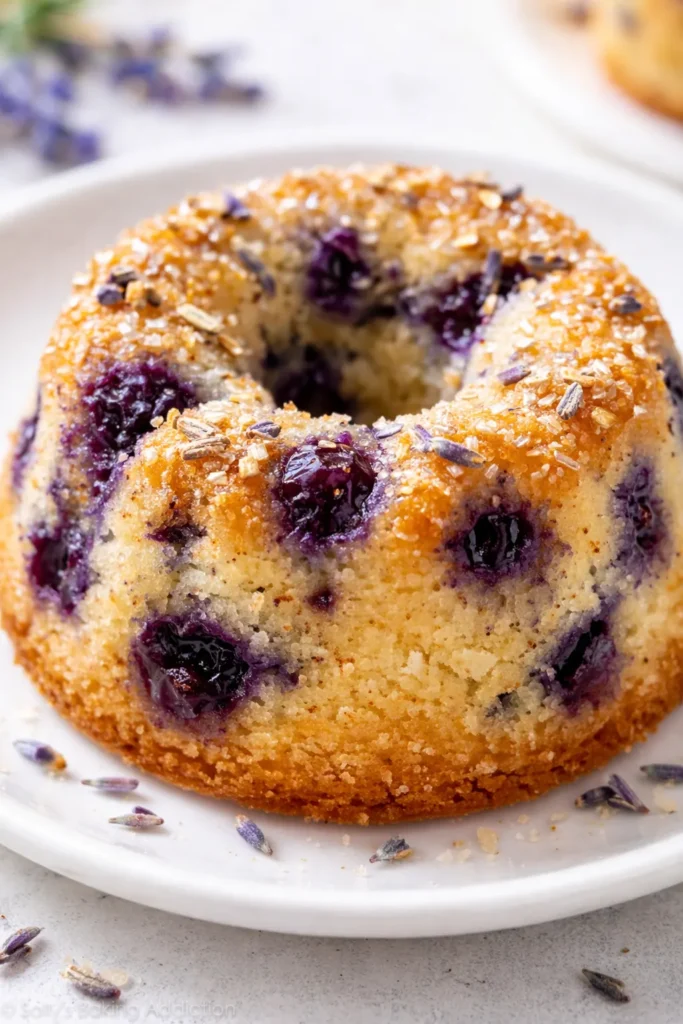 Lavender blueberry tea cakes with tender crumb, dotted with blueberries and topped with lavender buds