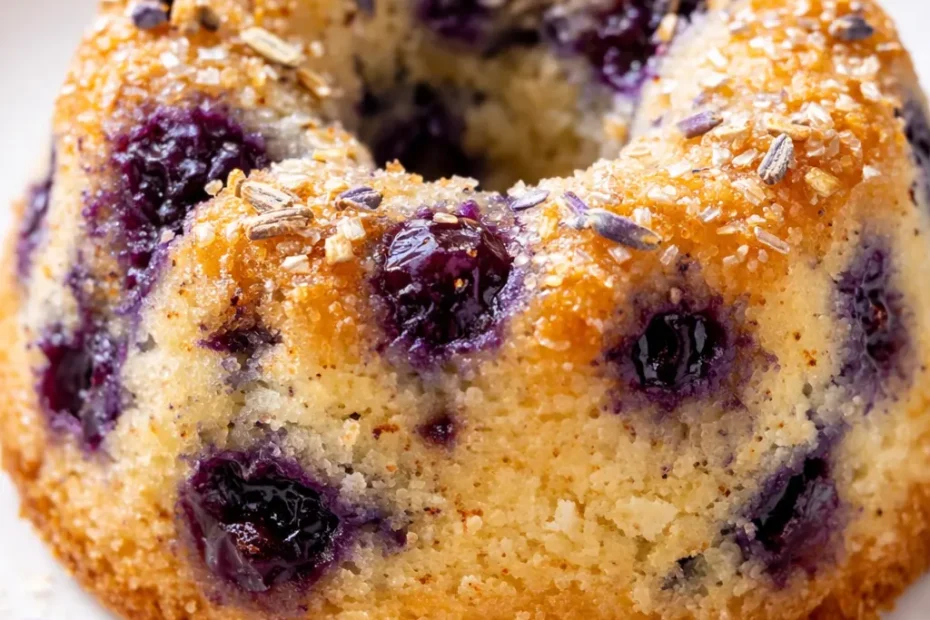 Lavender blueberry tea cakes with tender crumb, dotted with blueberries and topped with lavender buds