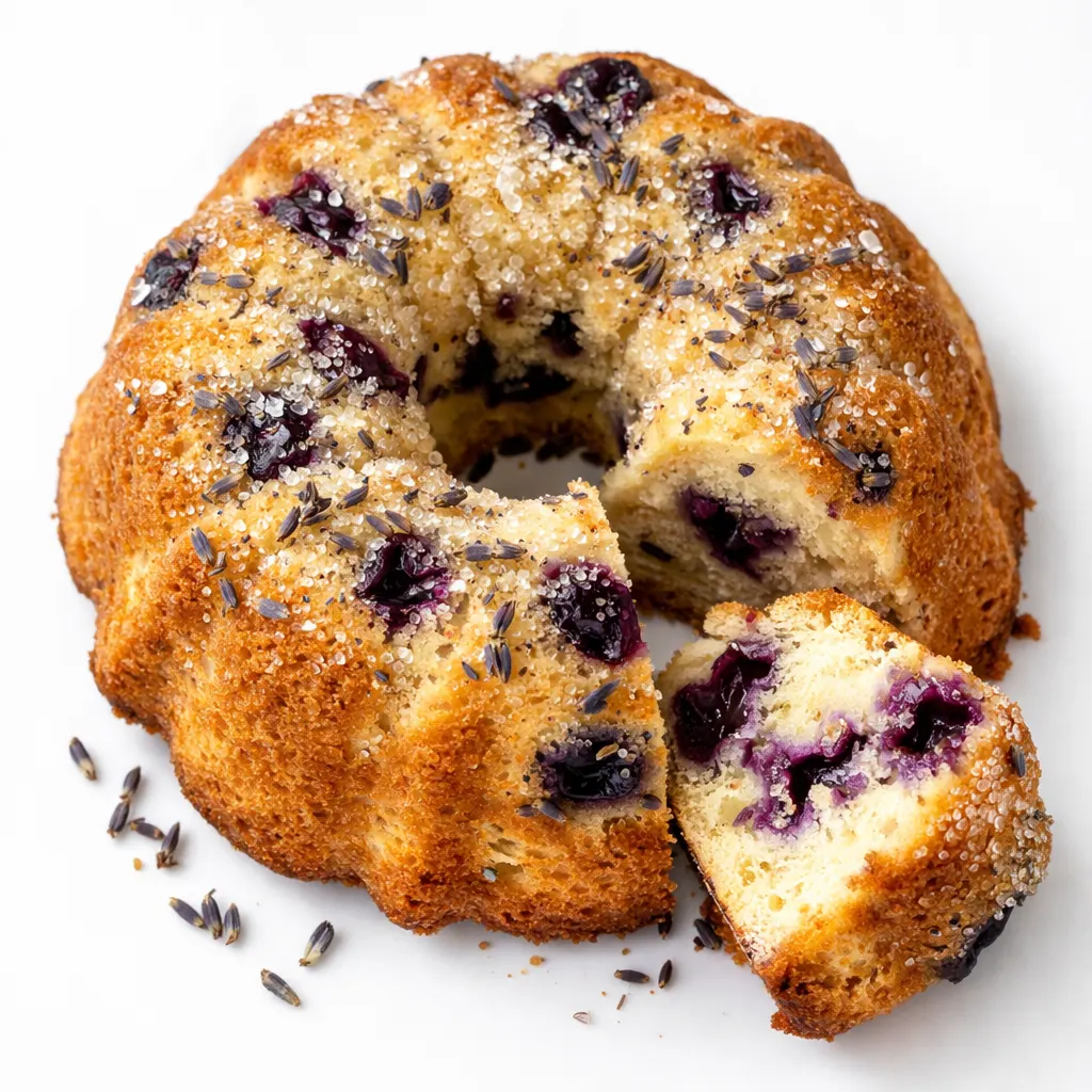 Lavender blueberry tea cake batter spooned into a lined muffin tin, with fresh blueberries and dried lavender scattered on a wooden counter.