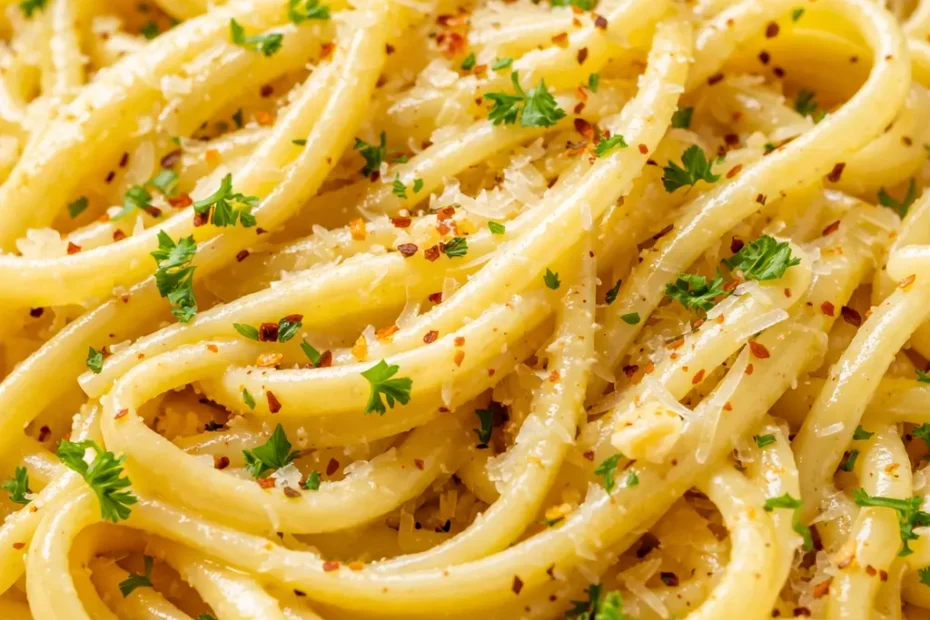 Lemon butter garlic pasta sauce coating spaghetti, creamy silky texture, bright yellow hue from lemon, golden garlic bits, garnished with parsley.
