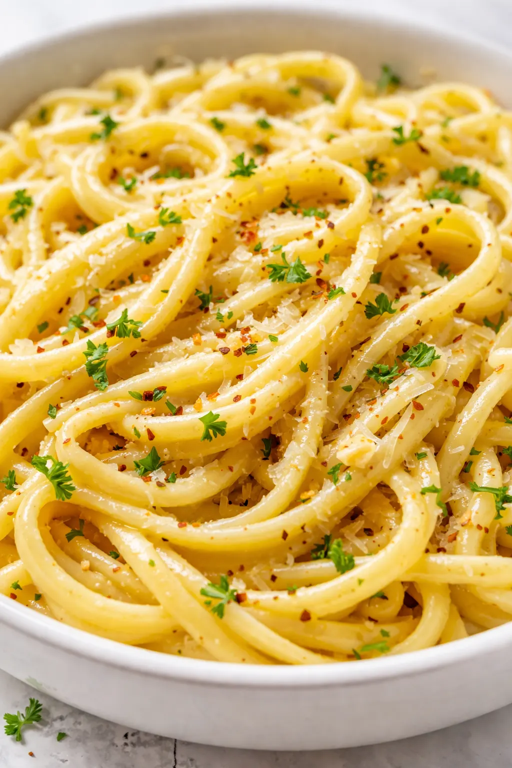 Lemon butter garlic pasta sauce coating spaghetti, creamy silky texture, bright yellow hue from lemon, golden garlic bits, garnished with parsley.