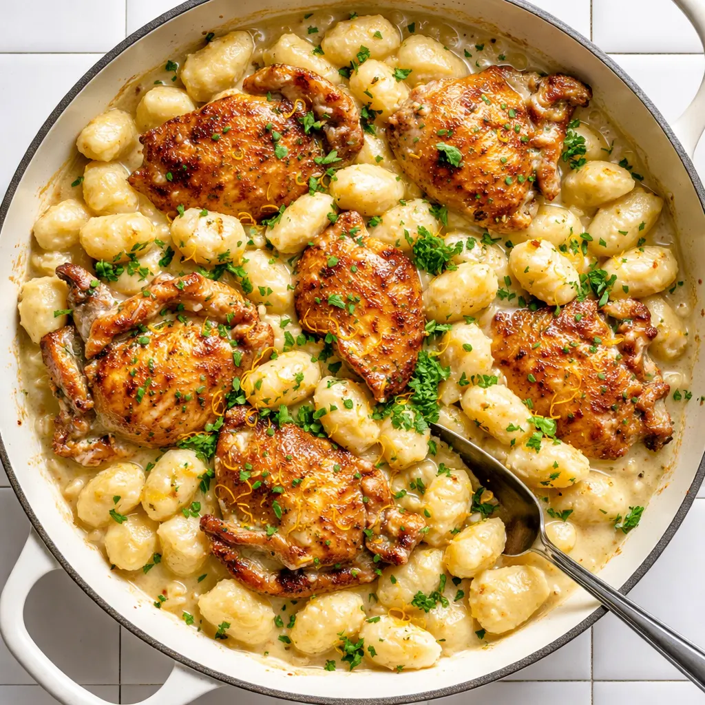 Creamy lemon chicken gnocchi simmering in a bright, buttery sauce with fresh herbs and lemon zest.