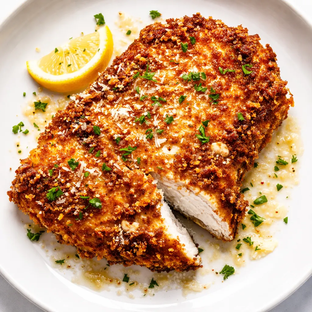 Golden brown lemon chicken romano with a crispy coating, topped with creamy lemon sauce.