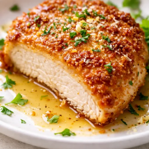 Crispy lemon chicken romano with a golden breadcrumb crust, topped with rich sauce and fresh lemon slices for a vibrant finish.