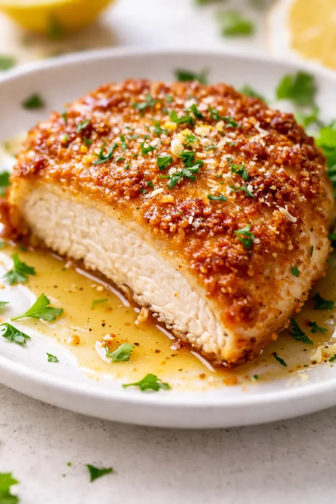 Crispy lemon chicken romano with a golden breadcrumb crust, topped with rich sauce and fresh lemon slices for a vibrant finish.