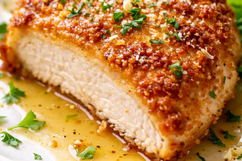 Crispy lemon chicken romano with a golden breadcrumb crust, topped with rich sauce and fresh lemon slices for a vibrant finish.