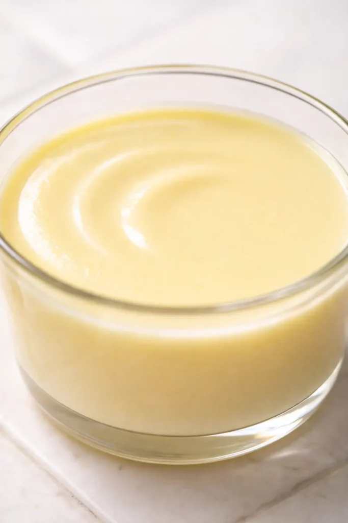 Smooth, creamy lemon posset with silky texture and bright yellow color, perfectly set without curdling.