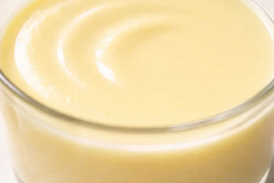 Smooth, creamy lemon posset with silky texture and bright yellow color, perfectly set without curdling.