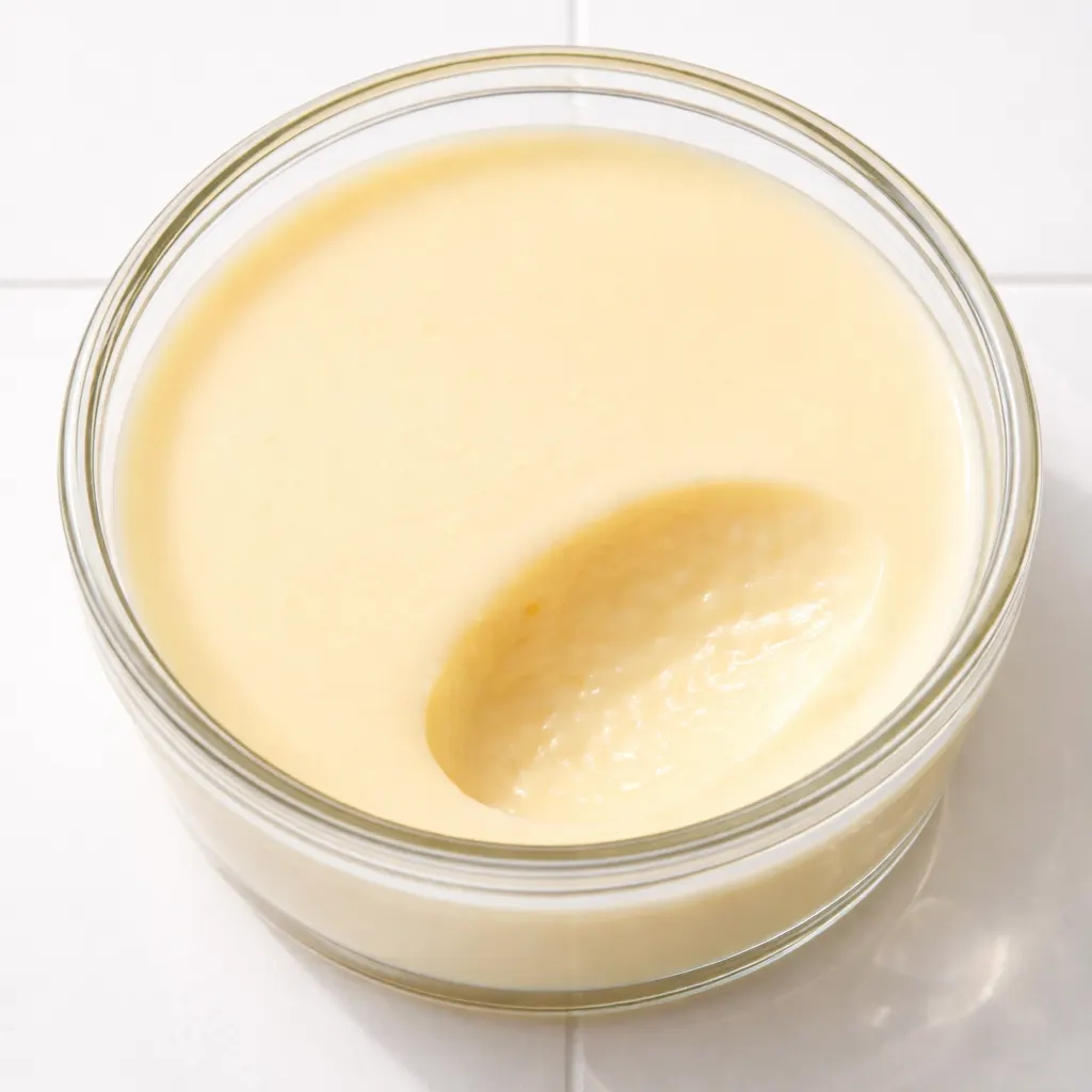 Smooth, creamy lemon posset being poured into a glass dish, showing its pale yellow color and velvety texture.