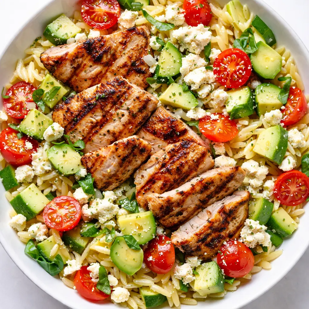 Lemony grilled chicken being sliced over a bowl of orzo salad with creamy avocado and bright lemon wedges.