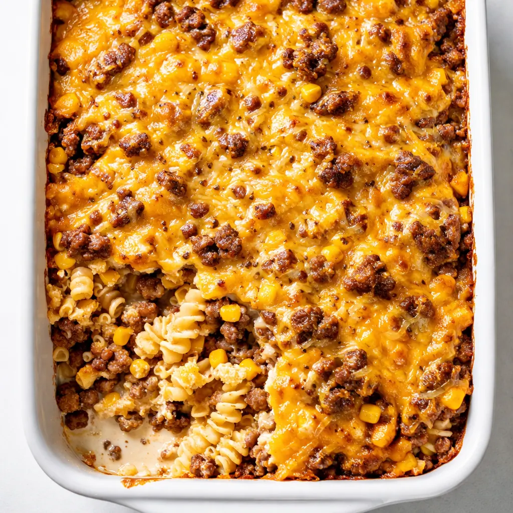Ground beef and onions browning in a skillet for a cheddar ranch rotini bake, golden and sizzling.
