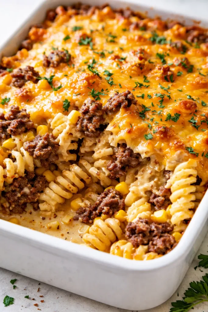 Golden brown loaded cheddar ranch beef and sweet corn rotini bake in a baking dish, creamy and cheesy with visible corn kernels and ground beef.