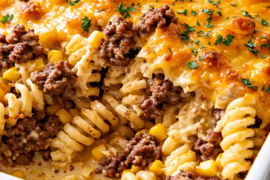 Golden brown loaded cheddar ranch beef and sweet corn rotini bake in a baking dish, creamy and cheesy with visible corn kernels and ground beef.