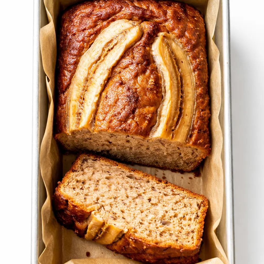 Moist low calorie banana bread slice being cut, revealing fluffy crumb and dark chocolate chips.