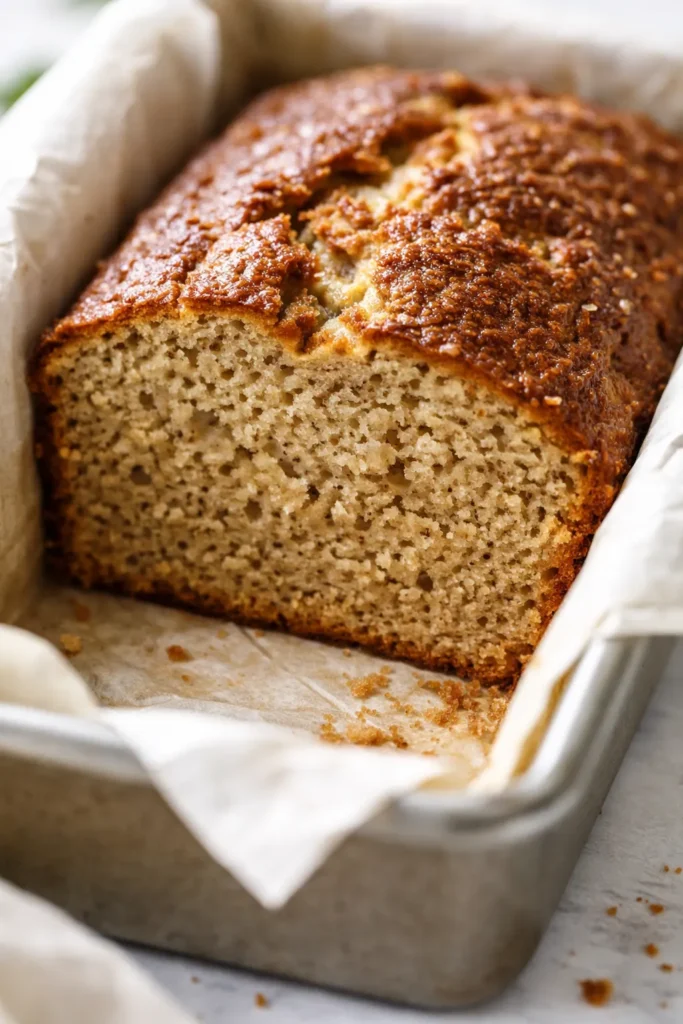 Moist low calorie banana bread slice with golden brown crust and tender crumb, studded with banana chunks.