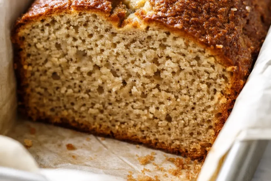 Moist low calorie banana bread slice with golden brown crust and tender crumb, studded with banana chunks.